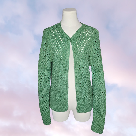 Vtg Light Green L.L Bean Button Up Knit Wool Blend V-Neck Long Sleeve Sweater M - Picture 2 of 6